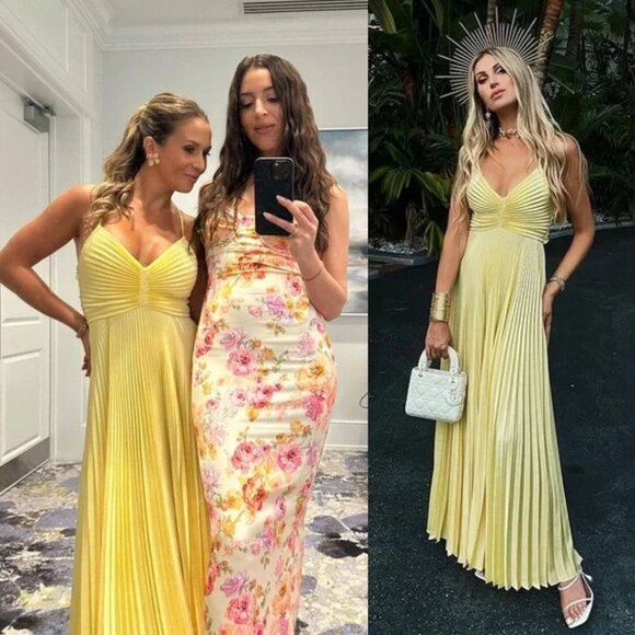 A.L.C. Aries Yellow Accordion Pleated Satin Cut Out Open Back Maxi Dress Gown 2 - Picture 14 of 14